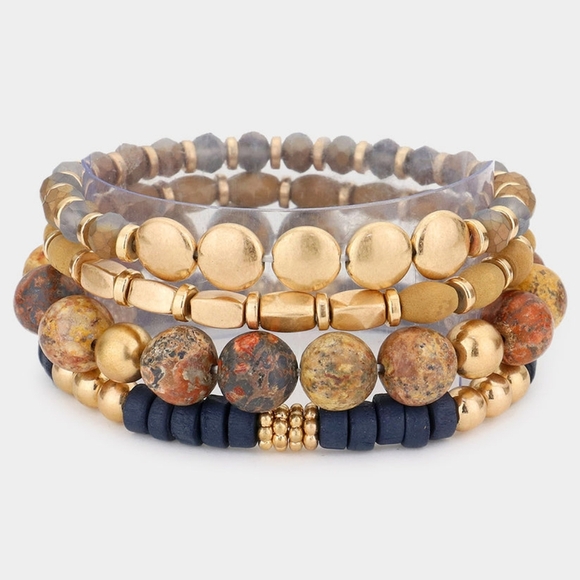 Set of 4 Stretchable Brown/Gold Stone and Wood Beaded Bracelets" - Picture 3 of 3